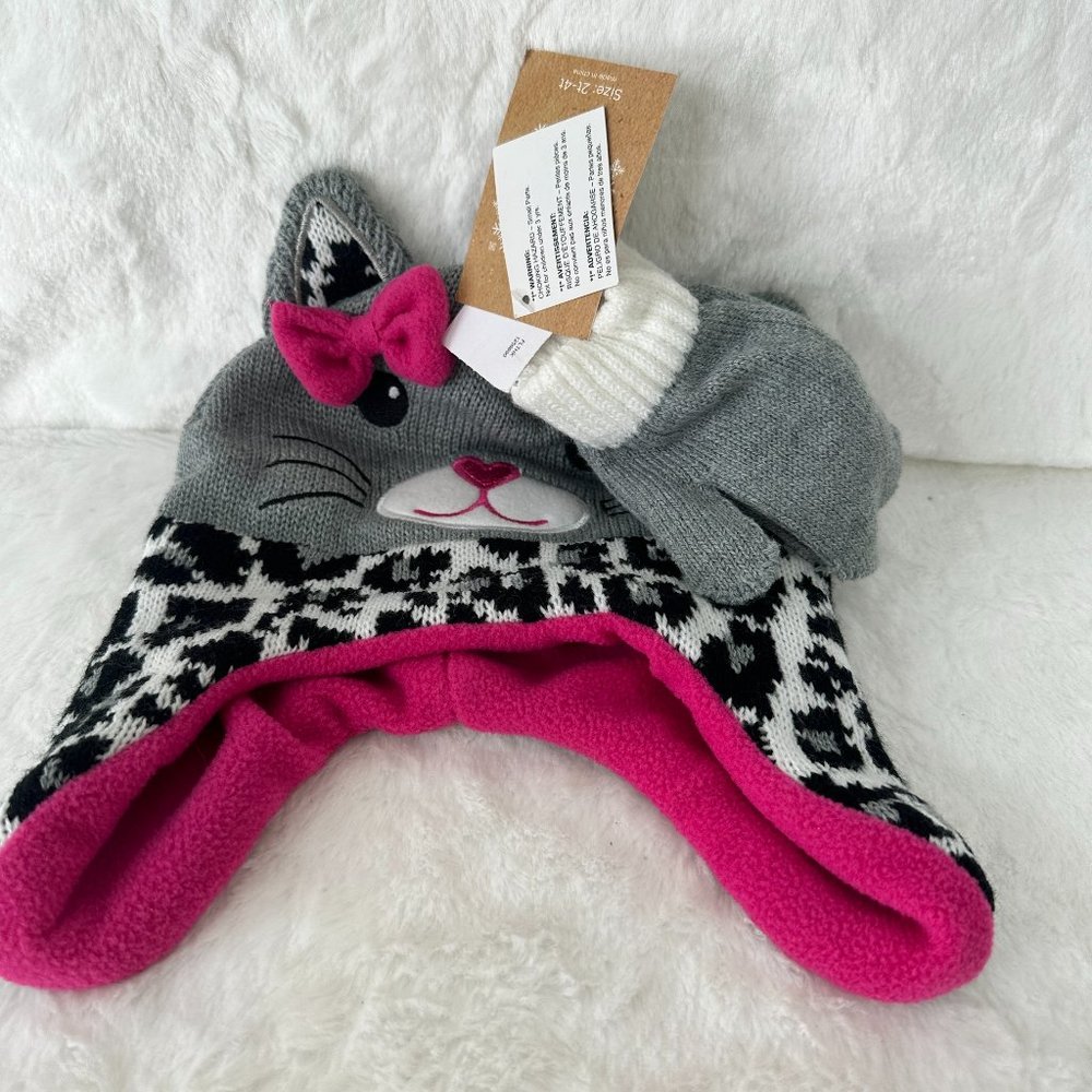Kitty Cat Toddlet Winter Hat and Mitten set NWT animal print